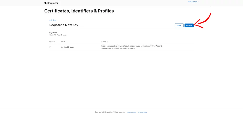In Apple Developer Account, register the new key you created for your app