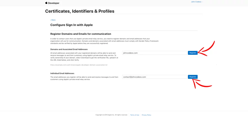 In Apple Developer Account, register your domain name
