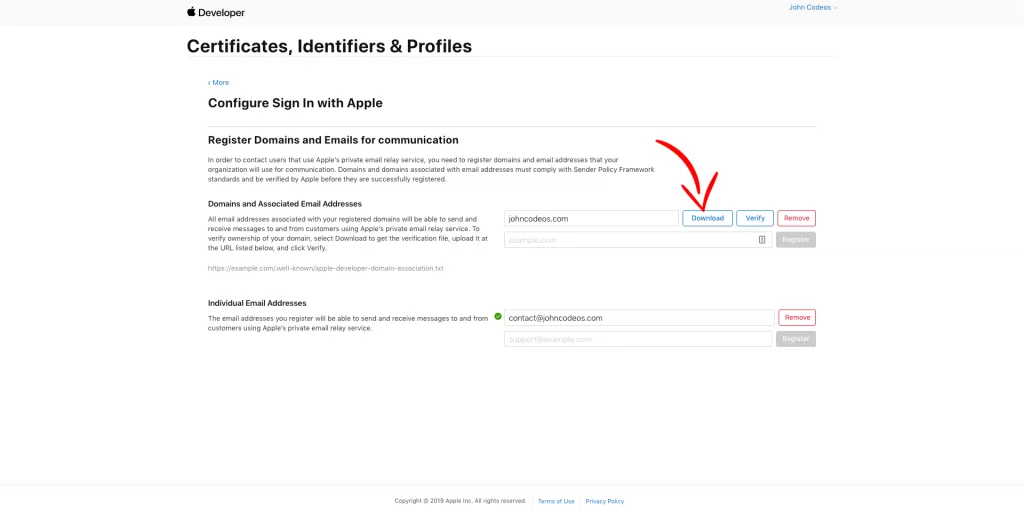 In Apple Developer Account, download the file and paste in your FTP server to verify your domain