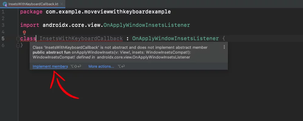 Implementing the members of the OnApplyWindowInsetsListener callback in the InsetsWithKeyboadCallback class